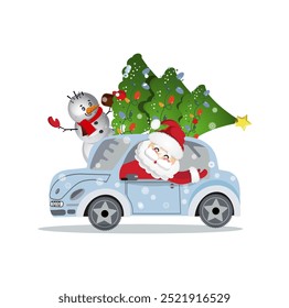 happy new year blue car,  santa claus  gift bos, christmas tree, snowman