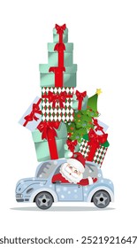 happy new year blue car, christmas boxs presents,  santa claus festive calebrate green tree