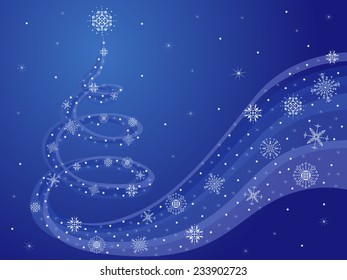Happy New Year blue composition with swirl Christmas tree and snowflakes as New Year decorations, hand drawing vector illustration