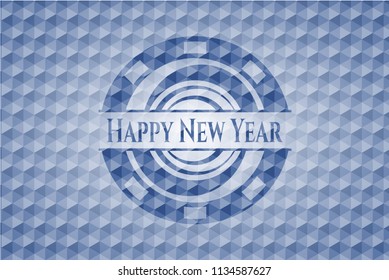 Happy New Year blue emblem or badge with geometric pattern background.