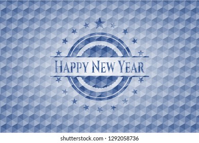 Happy New Year blue emblem or badge with abstract geometric polygonal pattern background.