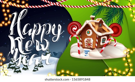 Happy New Year, blue and green postcard with garlands, winter landscape and Christmas gingerbread house