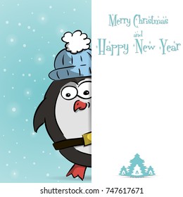 Happy New Year blue greeting card with cute curious penguin vector illustration
