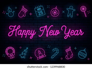 Happy New Year Blue neon. Lettering neon sign. Light Banner. Vector illustration. Concept of holiday card with glowing text.