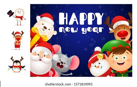 Happy New Year blue postcard. Lettering with decorations can be used for invitation and greeting card. Holiday concept