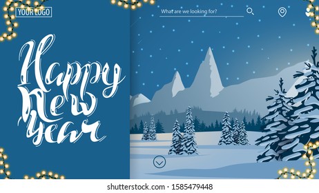 Happy New Year, blue postcard for website with winter landscape with snow-covered pines, high mountains on the horizon and blue starry sky