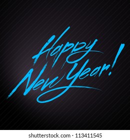 Happy New Year blue text for  greeting card on black premium background. Vector neon light hand drawn calligraphy font for 2018 year winter holiday  poster template or  Christmas celebration design