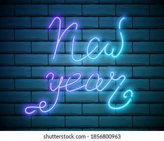 Happy New Year blue text for greeting card on brick wall background. Vector neon light hand drawn calligraphy font for 2018 year winter holiday poster template or Christmas celebration design.