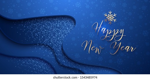 Happy New Year Blue Waved Background. Gold text design, snowflakes and lights. Vector festive template for banners, cards, posters etc