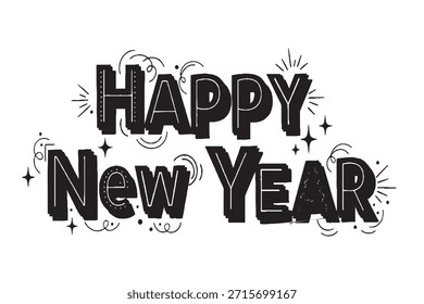 Happy New Year Bold Hand Lettering Typography in Black and White