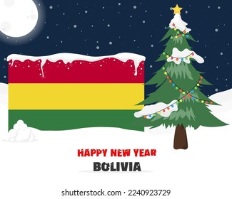 Happy new year in Bolivia with Christmas tree and snow, banner or content design idea, Bolivia flag with pine tree, new year celebration idea, sky with full moon and stars, vector design