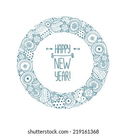 Happy new year border with christmas balls, star and snowflake. Vector christmas frame isolated on white background.
