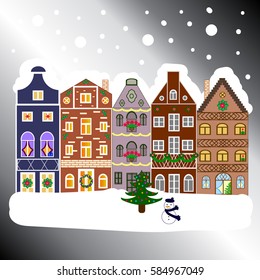 Happy New Year. Bright boxes. Greeting card. Christmas tree with gifts. Vintage style. Cartoon Vector illustration.