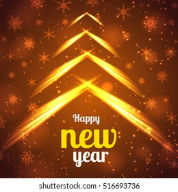 Happy New Year bright poster with fiery lights glowing snowflakes and transparent circles vector illustration