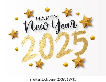 Happy New Year brush golden glitter painted 2025. Vector illustration background for new year's eve and new year resolutions and happy wishes with stars and balls christmas elements