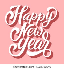 Happy New year brush hand lettering with 3d shadow on retro pink background. Vector typography illustration. Can be used for holidays festive design.