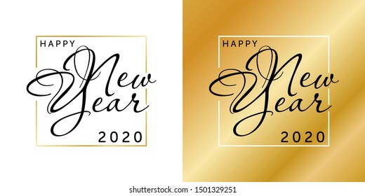 Happy new year brush hand lettering. white gold and black color. Vector illustration. Can be used for holidays festive design.