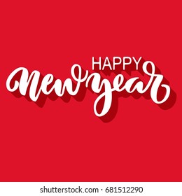 Happy new year brush hand lettering with 3d shadow, on red background. Vector illustration. Can be used for holidays festive design.