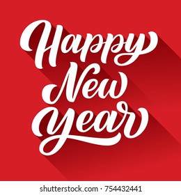 Happy new year brush hand lettering, with long shadow on red background. Vector type illustration. Can be used for holidays festive design.