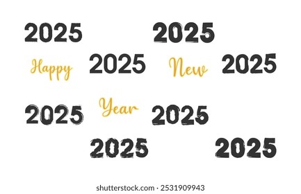 Happy New Year Brush stroke and fill numbers 2025. Celebration New Year's Eve. Design for cards, prints, social media, banner. Vector illustration of background. Eps 10