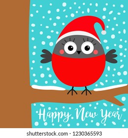 Happy New Year. Bullfinch winter red feather bird on tree branch. Santa hat. Candy cane. Cute cartoon baby character. Merry Christmas. Greeting card. Flat design. Blue snow flake background. Vector