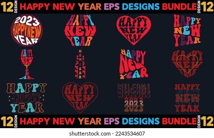 Happy new year Bundle designs.Grovy font, Unique hand drawn vector happy new year quote in retro style. typography.background, vector, design, banner, isolated, vintage, art, font