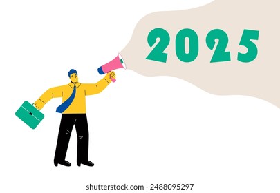Happy New Year. Business man announces 2025 New Year numbers. Flat vector illustration isolated on white background 

