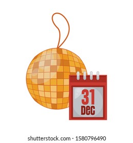 happy new year calendar with mirrors ball party vector illustration design
