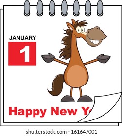 Happy New Year Calendar With Open Arms Smiling Horse. Vector Illustration