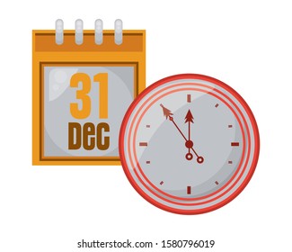 happy new year calendar with time clock vector illustration design