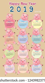 Happy New Year calendar vector for Year of the Pig. Decorations
with 12 pigs and 12 months calendar on light brown background. Great for New Year idea concept.