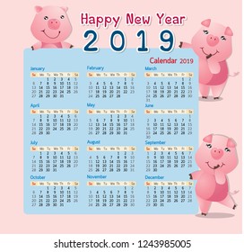 Happy New Year calendar vector for Year of the Pig.
Decorations with 3 pigs holding 2019 calendar poster on pink brown background. Great for New Year idea concept.