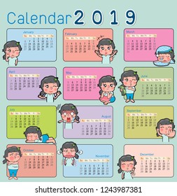 Happy New Year calendar vector for Year of 2019. Decorations
with 12 girl characters with calendar on mint
green background. Great for New Year idea concept.