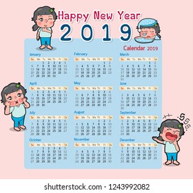 Happy New Year calendar vector for Year of 2019. Decorations
with 5 girl characters with calendar on light blue
background. Great for New Year idea concept.