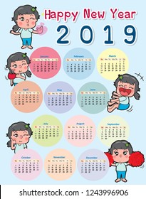 Happy New Year calendar vector for Year of 2019. Decorations
with 5 girl characters with calendar on light blue background. Great for New Year idea concept.
