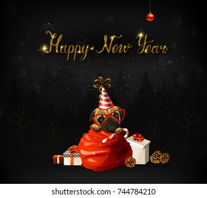 Happy New Year calligraphic gold texture inscription. Cute puppy is climbing out from Santa clauses bag.