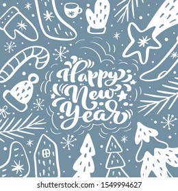 Happy New Year calligraphic lettering hand written vector text. Greeting card design with floral plants xmas elements. Modern winter season postcard, brochure, wall art design