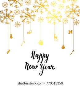 Happy New Year Calligraphic Lettering. Golden snowflakes and a Christmas icons . Vector illustration for banner, decorative card