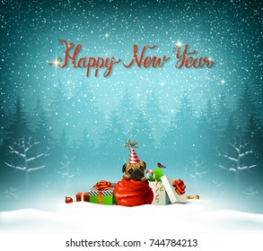 Happy New Year calligraphic red insption. Cute puppy is climbing out from Santa clauses bag.