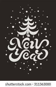 Happy New Year! Calligraphic retro Christmas greeting card design. Black-white vector illustration.