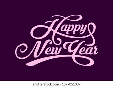 Happy New Year calligraphic text on violet background.