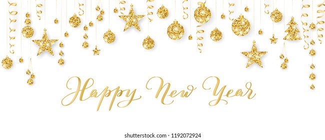 Happy New Year calligraphy. Christmas golden decoration on white. Sparkling glitter ornaments on a string. Hanging balls, trees, stars. Holiday background for cards, banners, headers, party posters. 