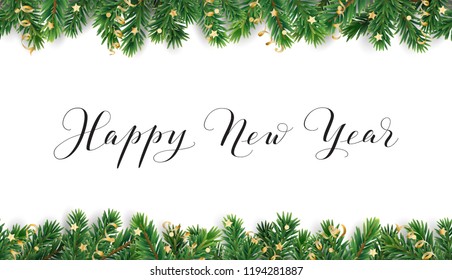 Happy New Year calligraphy. Christmas tree frame, seamless garland. Vector decoration on white background. For winter holidays cards, New Year gift tags, banners, headers, Christmas party posters. 