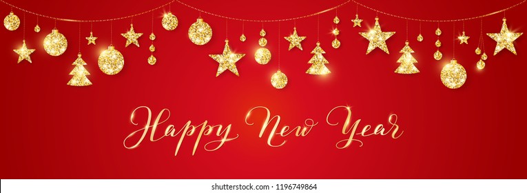 Happy New Year calligraphy. Christmas golden decoration on red. Sparkling glitter ornaments on a string. Hanging balls, trees, stars. Holiday background for cards, banners, headers, party posters. 