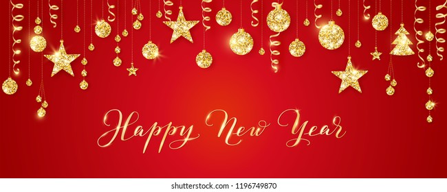 Happy New Year calligraphy. Christmas golden decoration on red. Sparkling glitter ornaments on a string. Hanging balls, trees, stars. Holiday background for cards, banners, headers, party posters. 