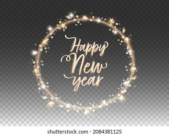 Happy New Year Calligraphy With Circular Frame Made By Golden String, Star Lights And Bokeh Effect On Black Png Background.