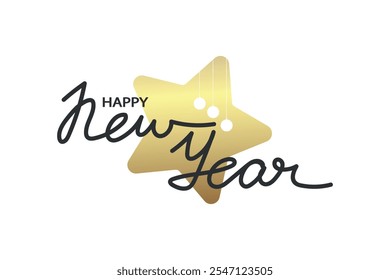 Happy New Year calligraphy design with golden star decorated with Christmas balls. Had drawn logo vector illustration