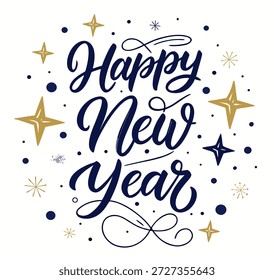 Feliz Ano Novo Caligrafia Design Gold Navy Stars Background