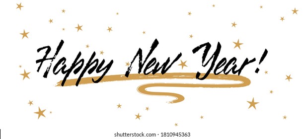 Happy New Year calligraphy holiday banner festive design with gold star sparkles. Black handwritten lettering beautiful font. Happy New Year 2021 greeting card template with calligraphic text.