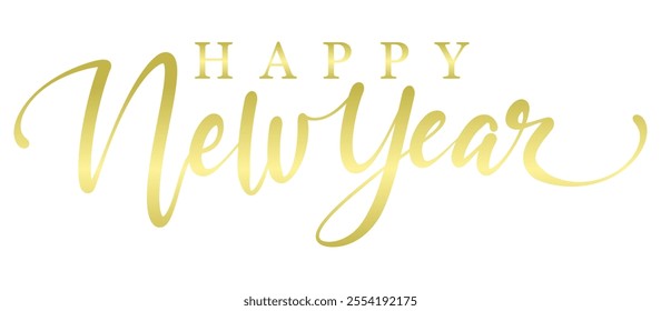 Happy New Year calligraphy isolated on white background. Golden hand drawn text